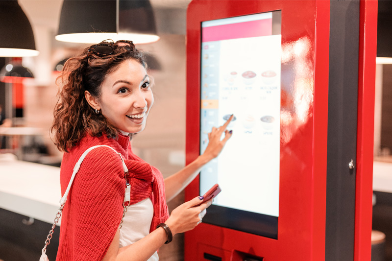 woman using unattended retail kiosk